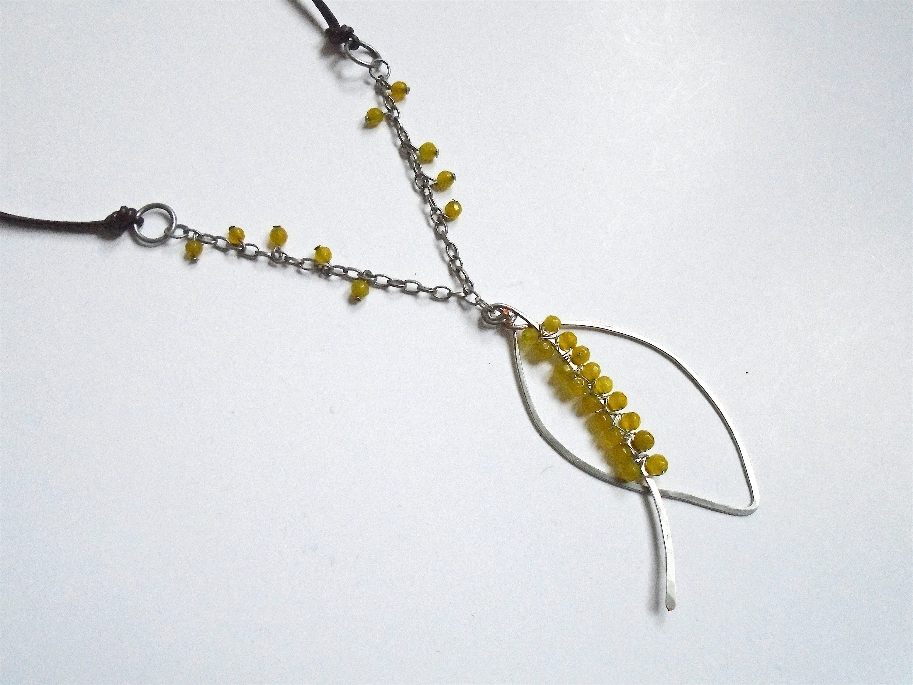 Beaded Necklace Hammered Wire Leaf Pendant Leather and Etsy UK