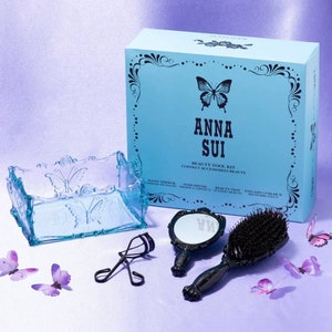 Anna Sui Limited Edition Beauty Essentials Aqua Tray Hairbrush Mirror Eyelash Curler Toolkit Set Valentines Gift Butterfly Rose Motifs image 1