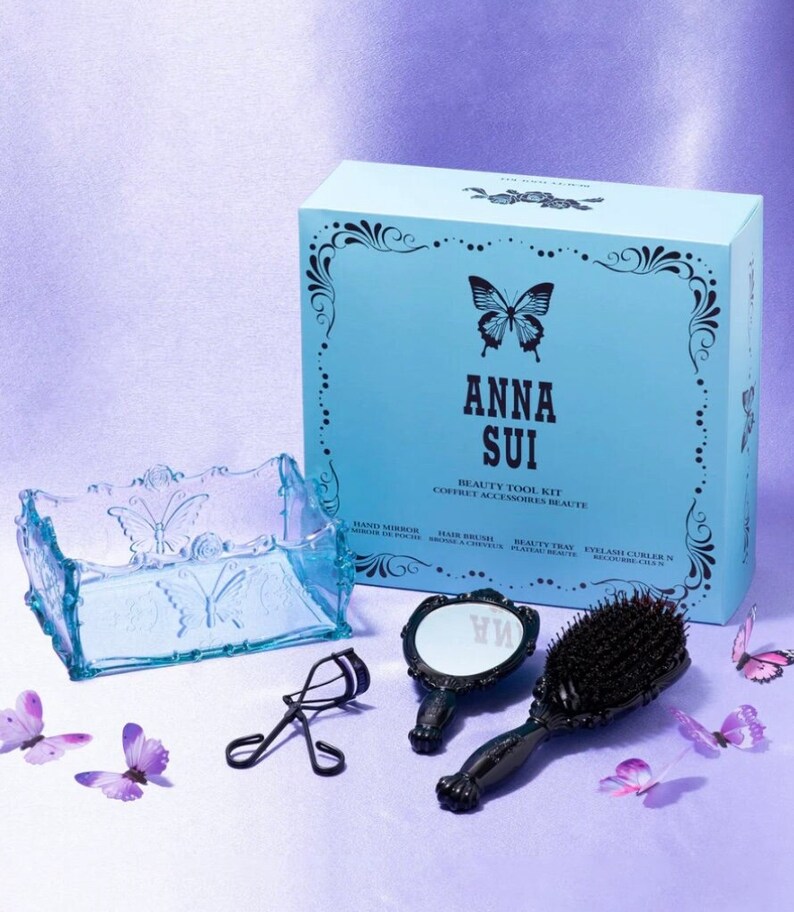 Anna Sui Limited Edition Beauty Essentials Aqua Tray Hairbrush Mirror Eyelash Curler Toolkit Set Valentines Gift Butterfly Rose Motifs image 1