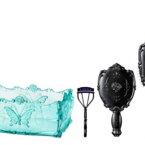 Anna Sui Limited Edition Beauty Essentials Aqua Tray Hairbrush Mirror Eyelash Curler Toolkit Set Valentines Gift Butterfly Rose Motifs image 2