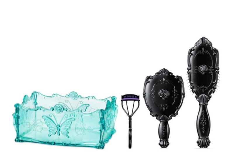 Anna Sui Limited Edition Beauty Essentials Aqua Tray Hairbrush Mirror Eyelash Curler Toolkit Set Valentines Gift Butterfly Rose Motifs image 2