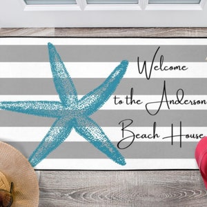 Custom Beach House Welcome Mat | Door Mat Personalized | Beach House Gift | Starfish | Coastal Decor | Personalized Rug (18x24,24x36,36x60)