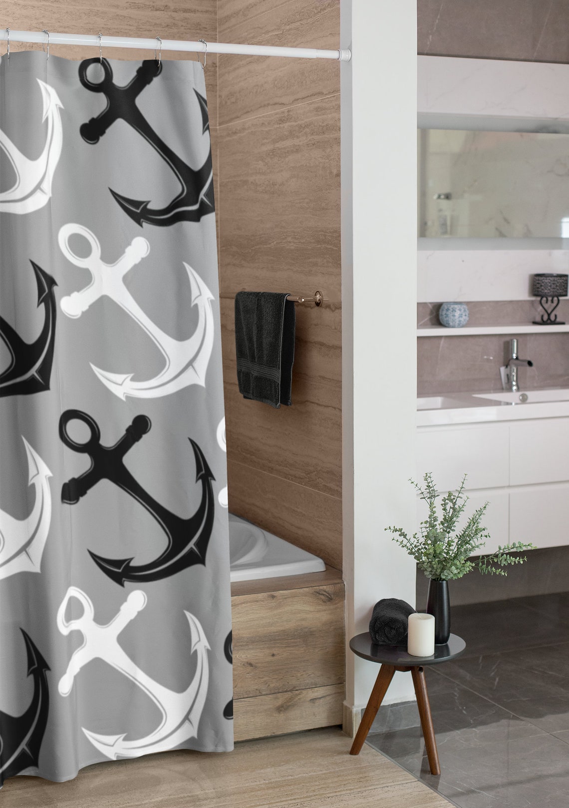 Nautical Anchor Shower Curtain Black and White Beach House Bathroom