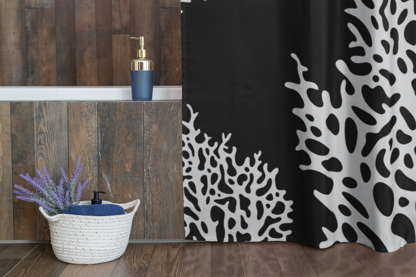 Coral Reef Shower Curtain Black and White Beach House Bathroom Coastal