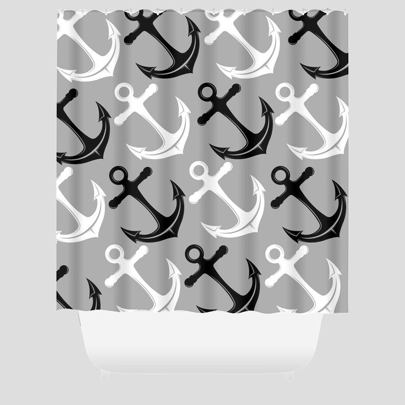 Nautical Anchor Shower Curtain Black and White Beach House Bathroom