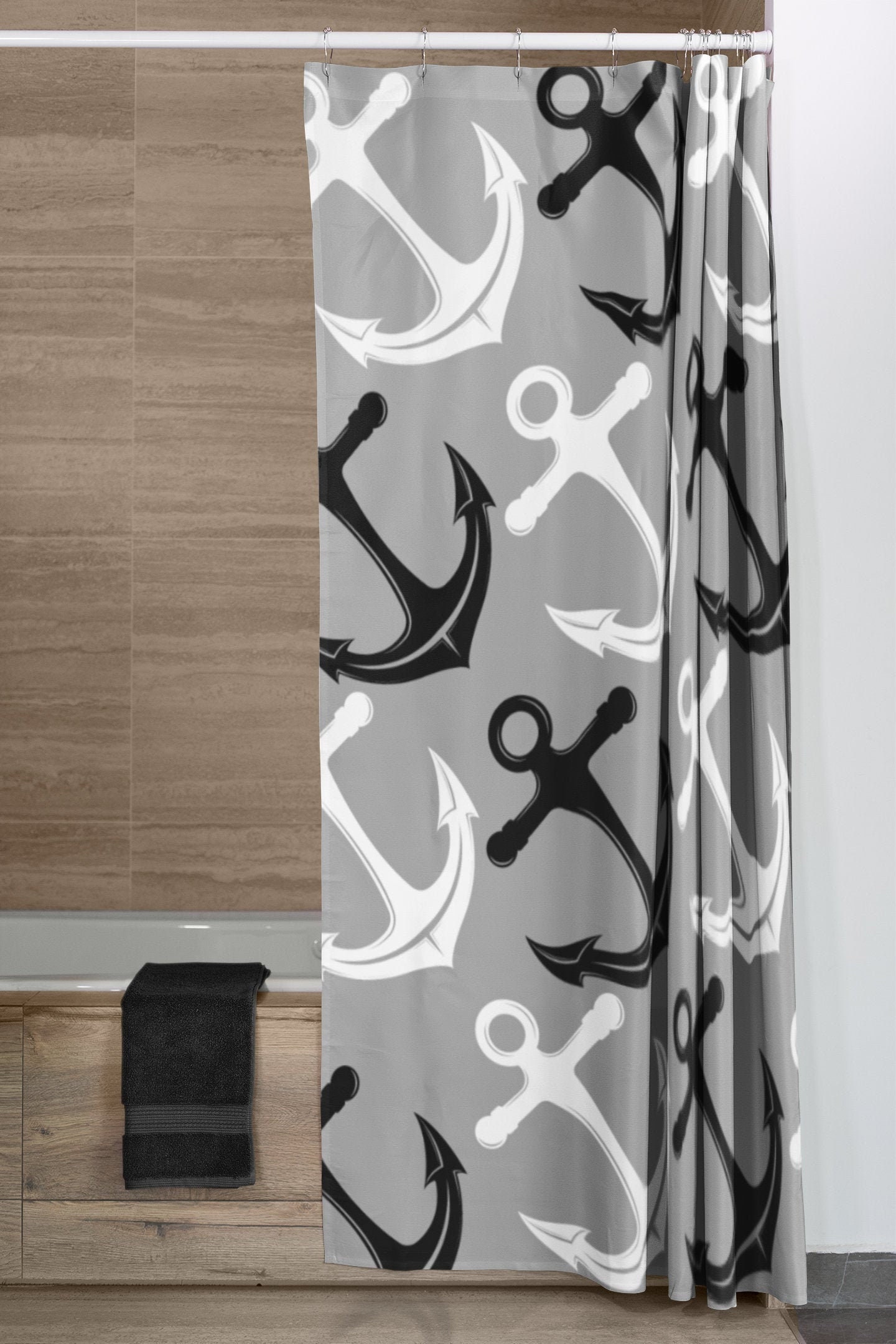 Nautical Anchor Shower Curtain Black and White Beach House Bathroom