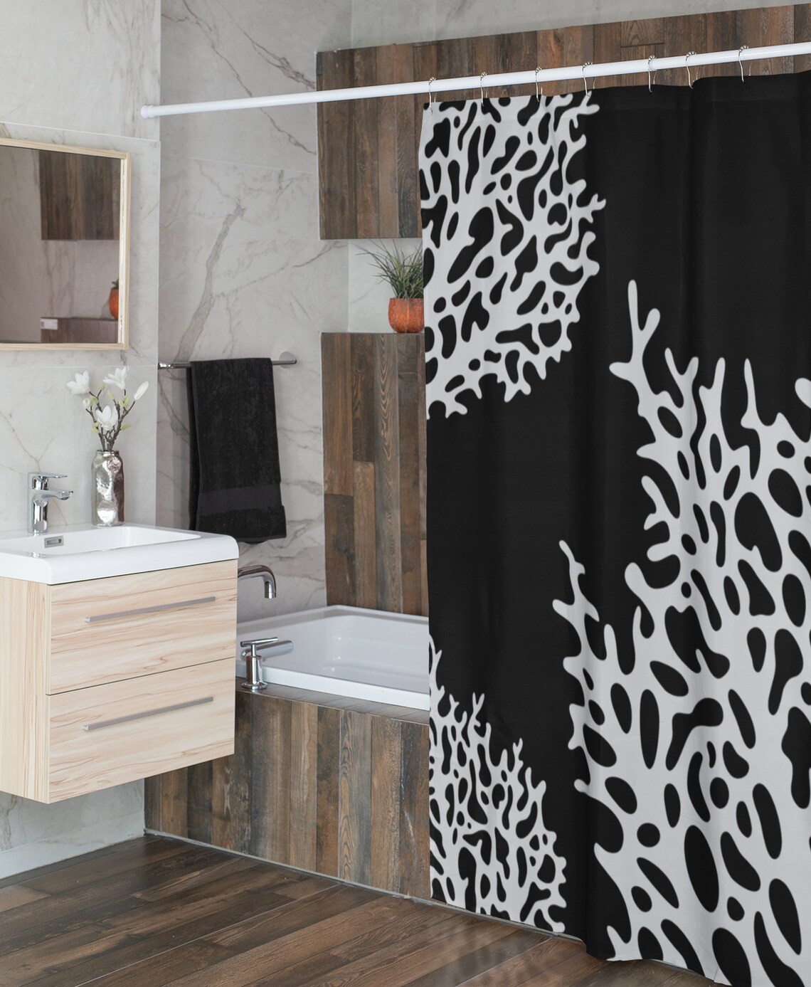 Coral Reef Shower Curtain Black and White Beach House Etsy