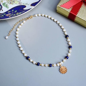 Freshwater Pearl + Lapis Lazuli Bead Necklace, 15"-19" Adjustable Length, Elegant Boho Jewelry, Genuine Pearl Necklace, Fashion Gift for Her