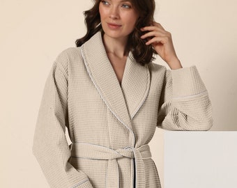 Womens Luxury Waffle Shawl Collar Robe With Piping Lightweight, Long ...