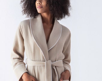 Womens Luxury Waffle Shawl Collar Robe With Piping | Etsy