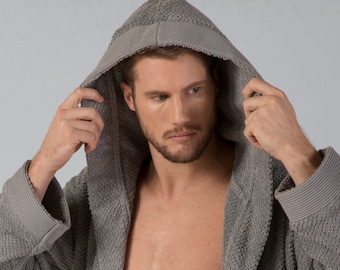 Turkish Cotton Terry Men's Bathrobe - Hooded Cotton Terry Cloth Robe - Long Textured, Rice Weave Trim Bathrobe