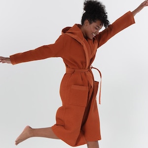 Women’s Luxury Waffle Hooded Robe with Linen Piping – Lightweight, Long, Ultra Soft Spa Sleepwear Bathrobe