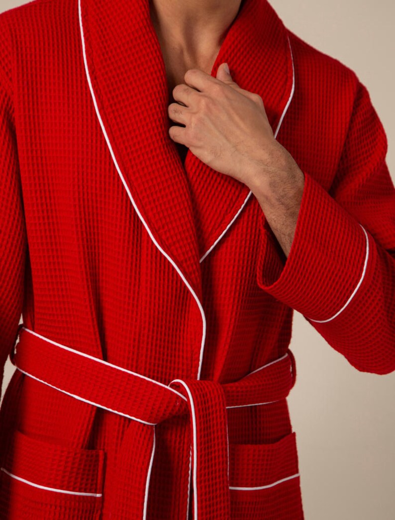 Mens Waffle Robe With Piping Lightweight Cotton Etsy