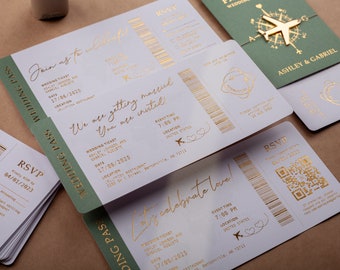 Sage Green Destination Wedding Boarding Pass Invitation with Gold Foil Details