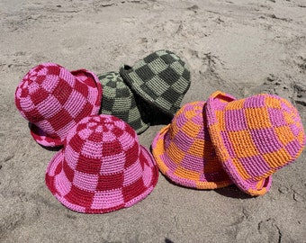 Handmade Straw Pink & Red Checkered Bucket Hats with Two Other Options, LA Special