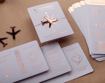 Wedding Passport Invite in White & Rose Gold with Boarding Pass Design for Destination Theme