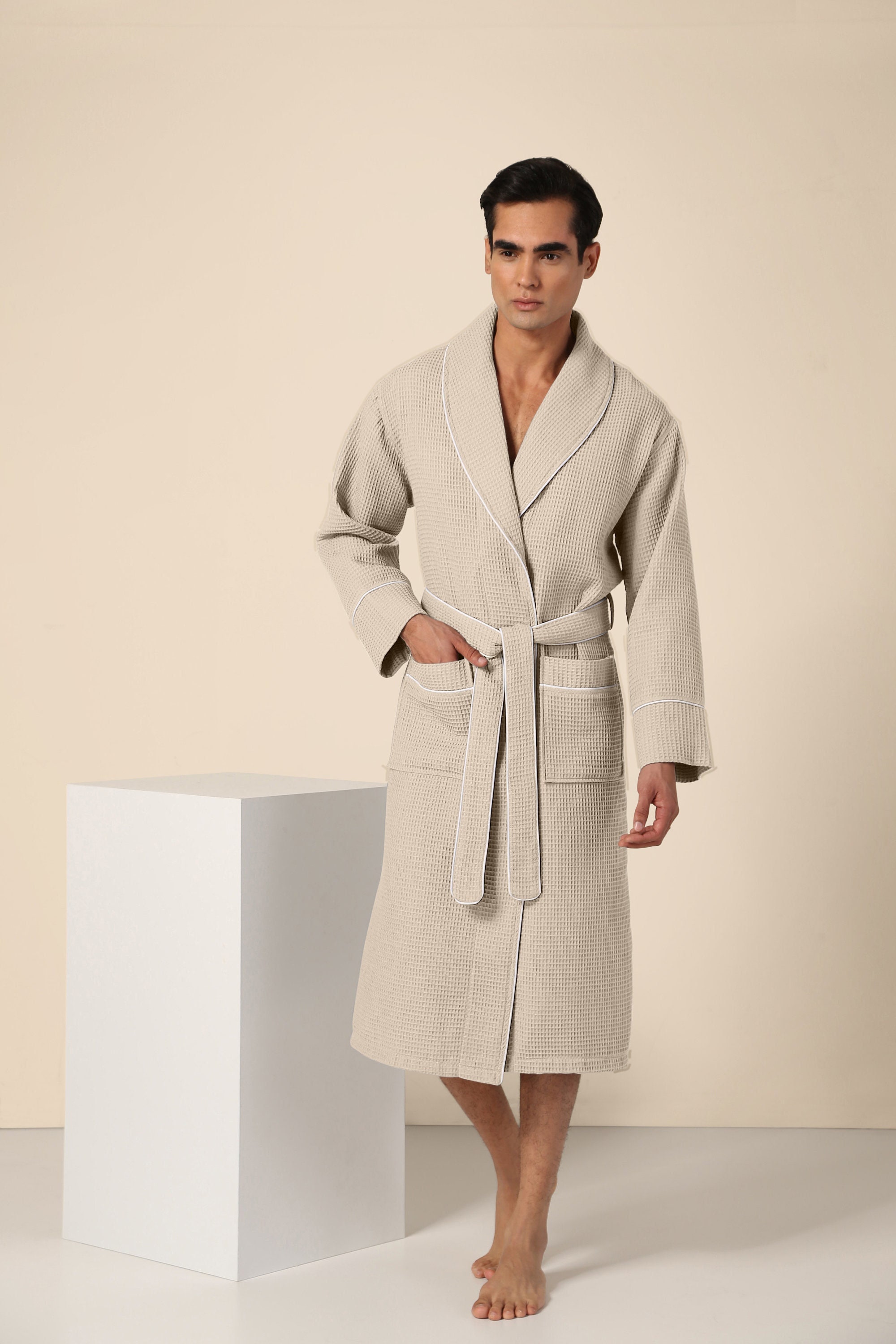 Mens Waffle Robe With Piping Lightweight Cotton Etsy