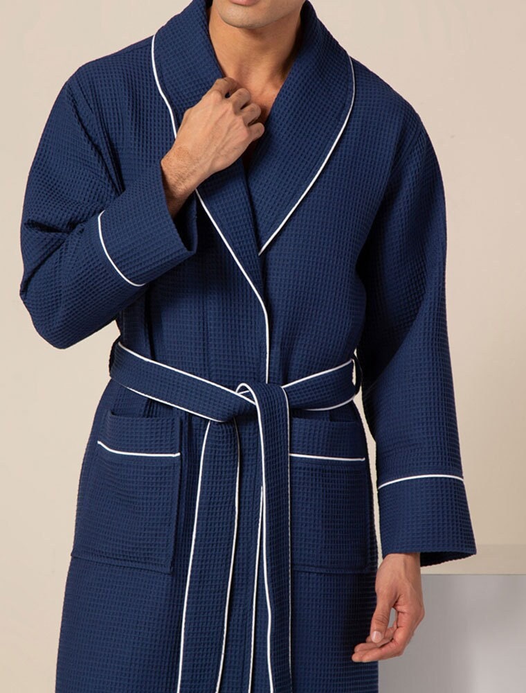 Mens Waffle Robe With Piping Lightweight Cotton Etsy