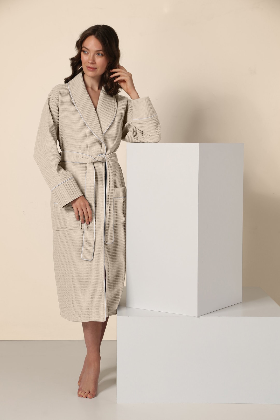 Women’s Luxury Waffle Shawl Collar Robe With Piping – Lightweight, Long ...