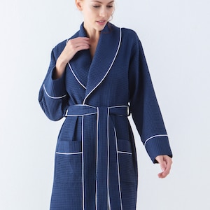 Womens Luxury Waffle Shawl Collar Robe with Piping Lightweight, Long, Ultra Soft Spa Sleepwear Bathrobe Navy Blue