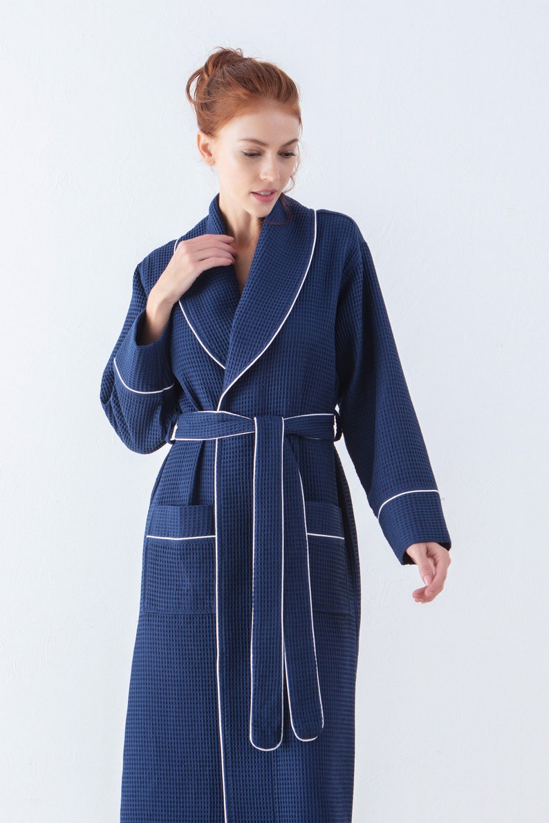 Womens Luxury Waffle Shawl Collar Robe with Piping Lightweight, Long, Ultra Soft Spa Sleepwear Bathrobe Navy Blue