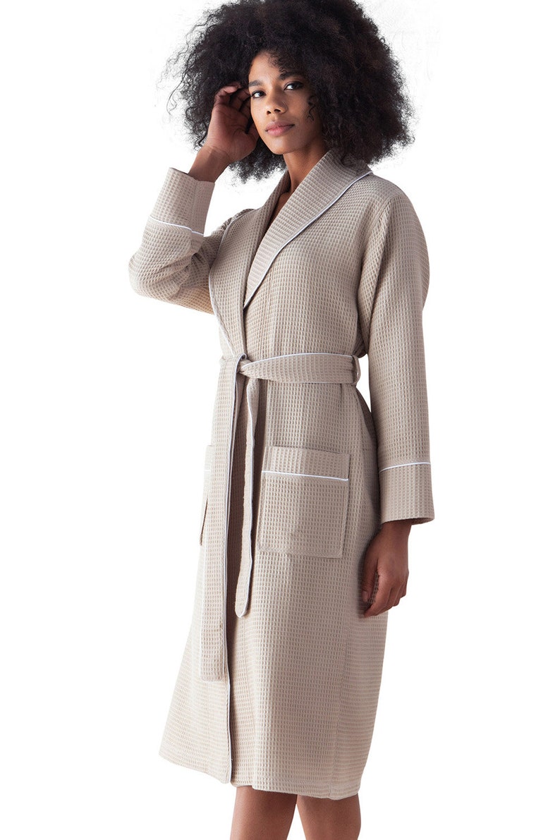 Womens Luxury Waffle Shawl Collar Robe with Piping Lightweight, Long, Ultra Soft Spa Sleepwear Bathrobe image 4