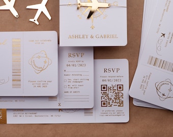 White and Gold Foil Passport-Style Wedding Invite with Boarding Pass for Destination Weddings