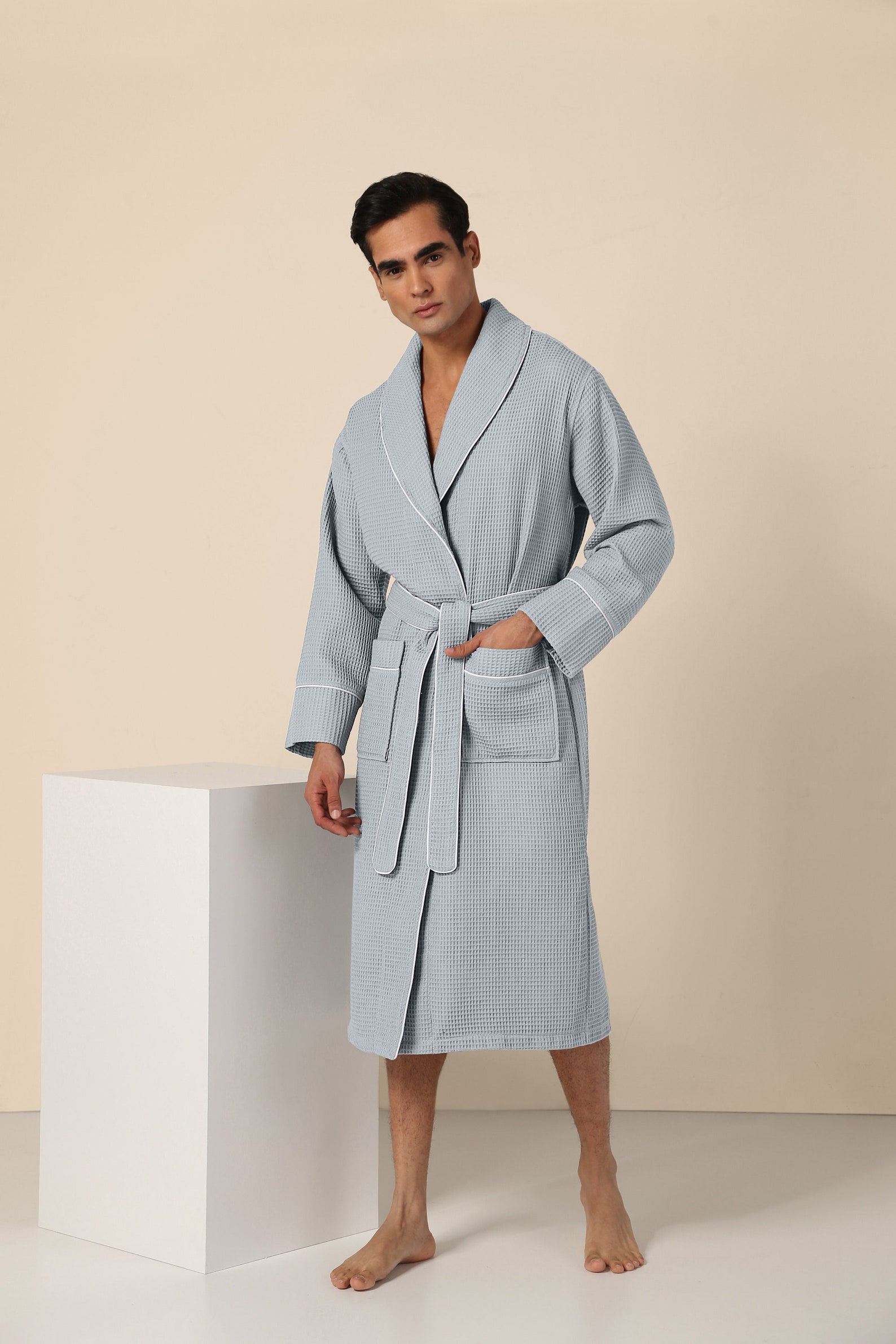 Mens Waffle Robe With Piping Lightweight Cotton Etsy