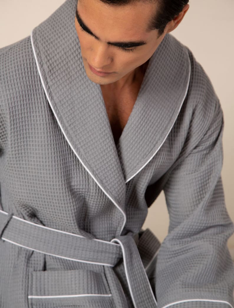 Mens Waffle Robe With Piping Lightweight Cotton Etsy
