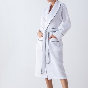 Womens Luxury Waffle Shawl Collar Robe with Piping Lightweight, Long, Ultra Soft Spa Sleepwear Bathrobe White