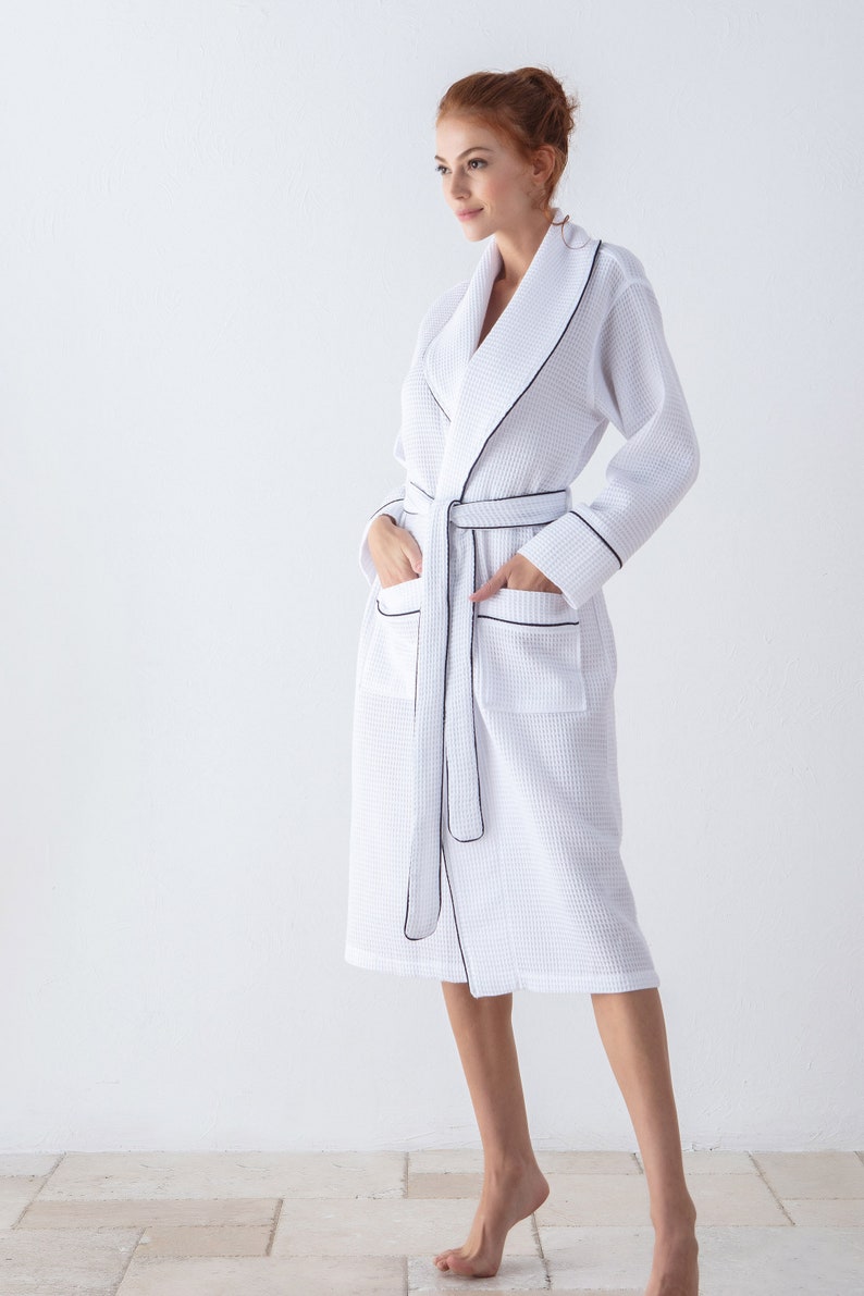 Womens Luxury Waffle Shawl Collar Robe with Piping Lightweight, Long, Ultra Soft Spa Sleepwear Bathrobe White