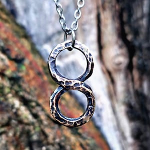 Pode incluir: Um colar prateado com um pendente em forma do número oito. O pendente é composto por dois anéis texturizados e martelados. O fundo é um tronco de árvore desfocado com tons de castanho, verde e cinza.