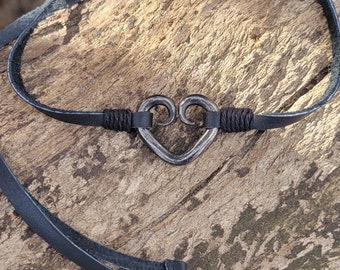 Hand Forged Iron Heart Choker, Celtic Leather Necklace, 6th Anniversary