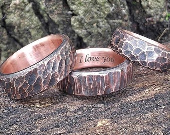 Hammered Copper Ring: 7th Anniversary Gift, Custom Engraved Minimalist Band, Chunky Ring