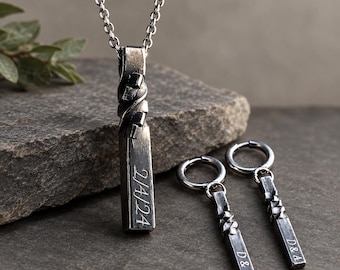 Hand-Forged Iron Cubic Twist Pendant and Earrings, Engraved Anniversary Set, Couples Gift