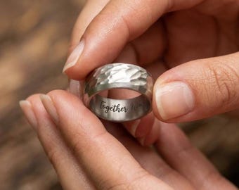 Hammered Stainless Steel Ring, 11th Anniversary Gift for Him or Her, Alternative Wedding Ring