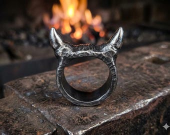 Hand Forged Devil Horn Ring: Iron Blacksmith Made