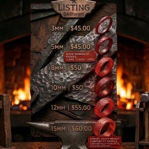 May include: A display featuring red rings of varying widths, from 3mm to 15mm, with prices listed. The rings have a textured surface and are presented on a rustic, dark wooden background with the text "LISTING DABforge!" at the top. The text "SLEEK MINIMALIST PROFILE, CLEAN, CLASSIC LOOK" is also visible.
