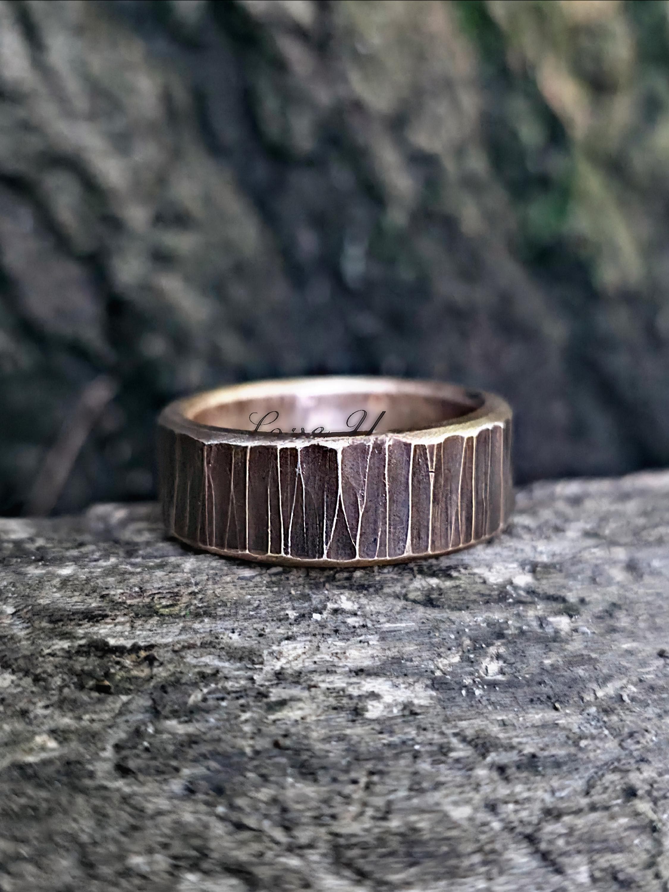 Rustic Bronze Ring: Tree Bark Texture, Custom Engraving