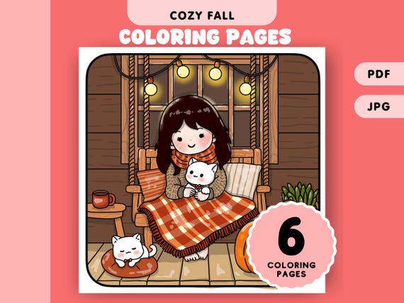 Cute Cozy Coloring Pages  Cozy Fall Autumn Coloring Sheets for Kids and Adults Instant Digital Download PDF File