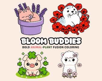 Kawaii Coloring Pages Animal Plant Flower Bold and Easy Coloring for Kids and Adult Printable Digital Download