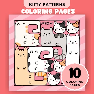 Puede incluir: Un conjunto de 10 páginas para colorear con lindos patrones de gatitos. Cada página tiene un diseño diferente de gatos en varias poses, con el texto "MEOW" en la parte superior. Las páginas están diseñadas para que los niños las coloreen.