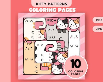 Cute Cat Pattern Coloring Pages Bold and Easy Cat Coloring Sheets for Kids and Adults Instant Download Printable PDF File