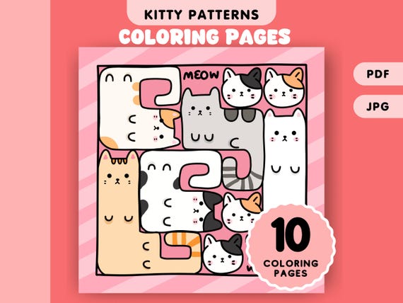 Cute Cat Pattern Coloring Pages Bold and Easy Cat Coloring Sheets for Kids and Adults Instant Download Printable PDF File
