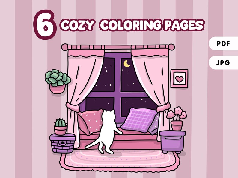 Puede incluir: Una p&aacute;gina para colorear que presenta un acogedor asiento de ventana con un gato mirando una noche estrellada. El asiento de la ventana tiene cortinas rosas, una ventana morada y una almohada rosa y morada. El gato es blanco y tiene una nariz rosa. La escena est&aacute; ambientada en una habitaci&oacute;n con paredes a rayas rosas y blancas. El texto "6 COZY COLORING PAGES" est&aacute; en la parte superior de la imagen. Las palabras "PDF" y "JPG" est&aacute;n en la parte superior derecha de la imagen.