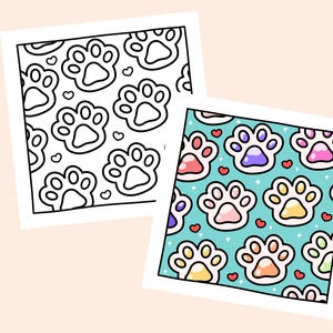 May include: A printable coloring page featuring a pattern of paw prints and hearts. The paw prints are outlined in black and the hearts are filled in with red. The background is white.