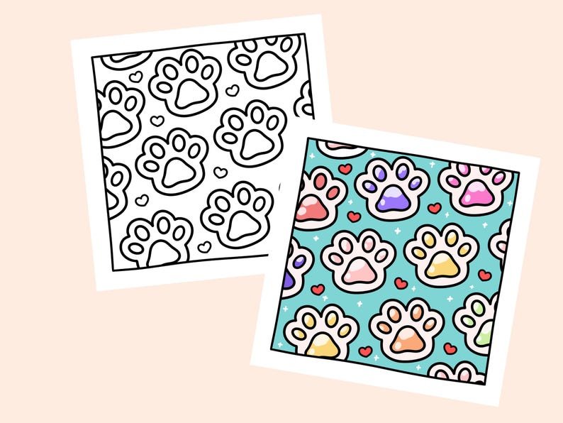 May include: A printable coloring page featuring a pattern of paw prints and hearts. The paw prints are outlined in black and the hearts are filled in with red. The background is white.