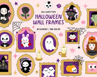 Cute Halloween Wall Frame Clipart – Hand Drawn Spooky Portraits PNG, Kawaii Halloween Characters Digital Art