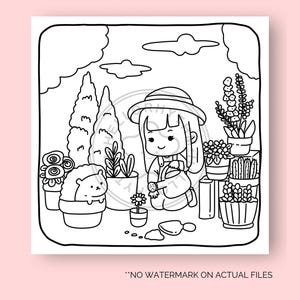 May include: A black and white line drawing of a girl watering plants in a garden. The girl is wearing a hat and holding a watering can. There are flowers, trees, and a hedgehog in the garden.