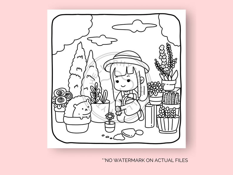 May include: A black and white line drawing of a girl watering plants in a garden. The girl is wearing a hat and holding a watering can. There are flowers, trees, and a hedgehog in the garden.